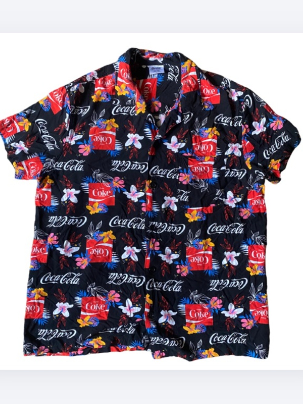 Coca Cola Black Tropical Logo Camp Shirt Size L